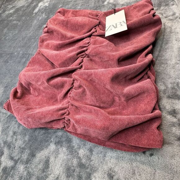 Zara Sz S Mini Skirt Ruched Corduroy Medium Burgundy Red Draped Ruffle Career - Picture 3 of 9